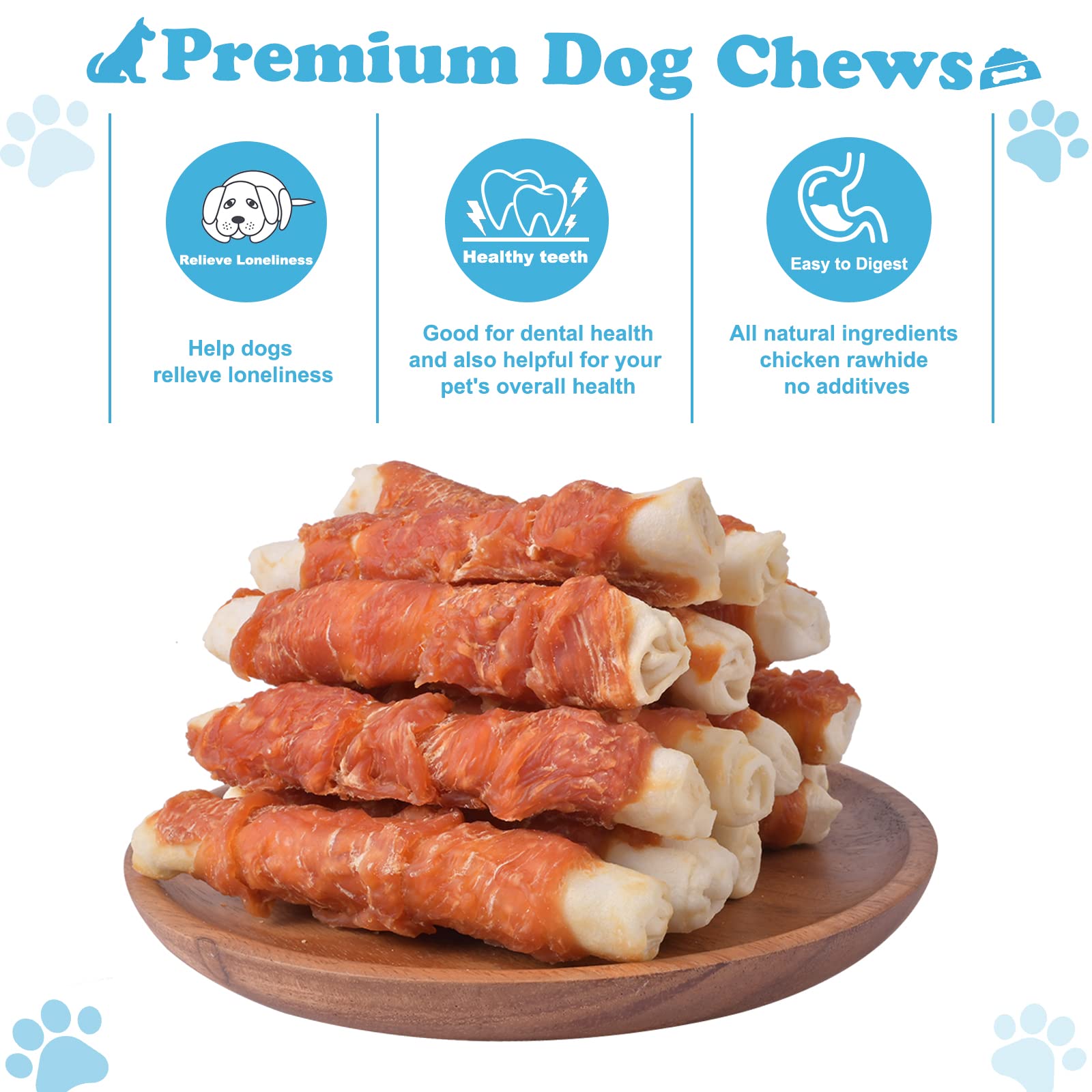 Happy dog enjoying a Pawant chicken-wrapped rawhide roll chew during playtime