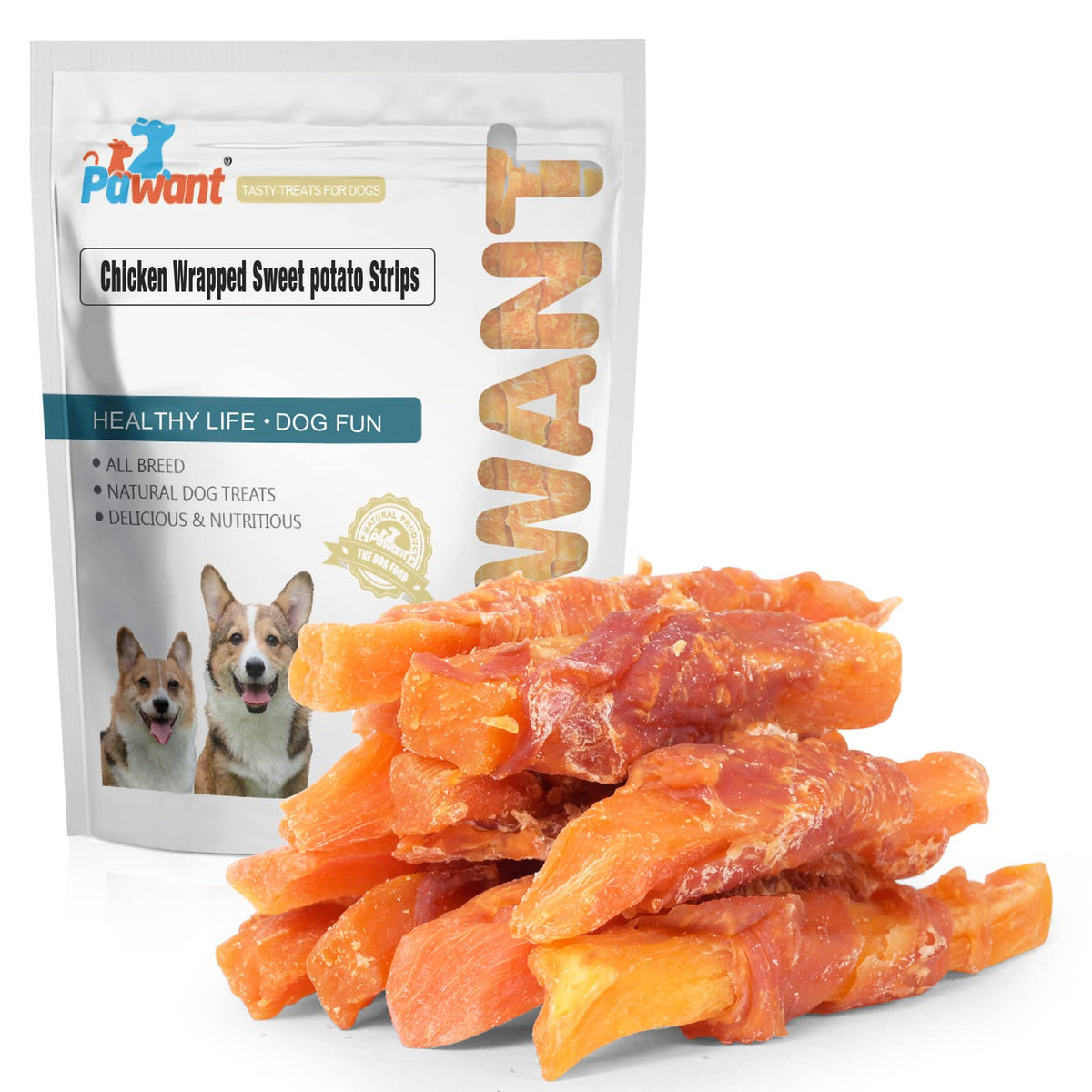 Pawant packaging display of chicken-wrapped sweet potato treats for convenient gifting.
