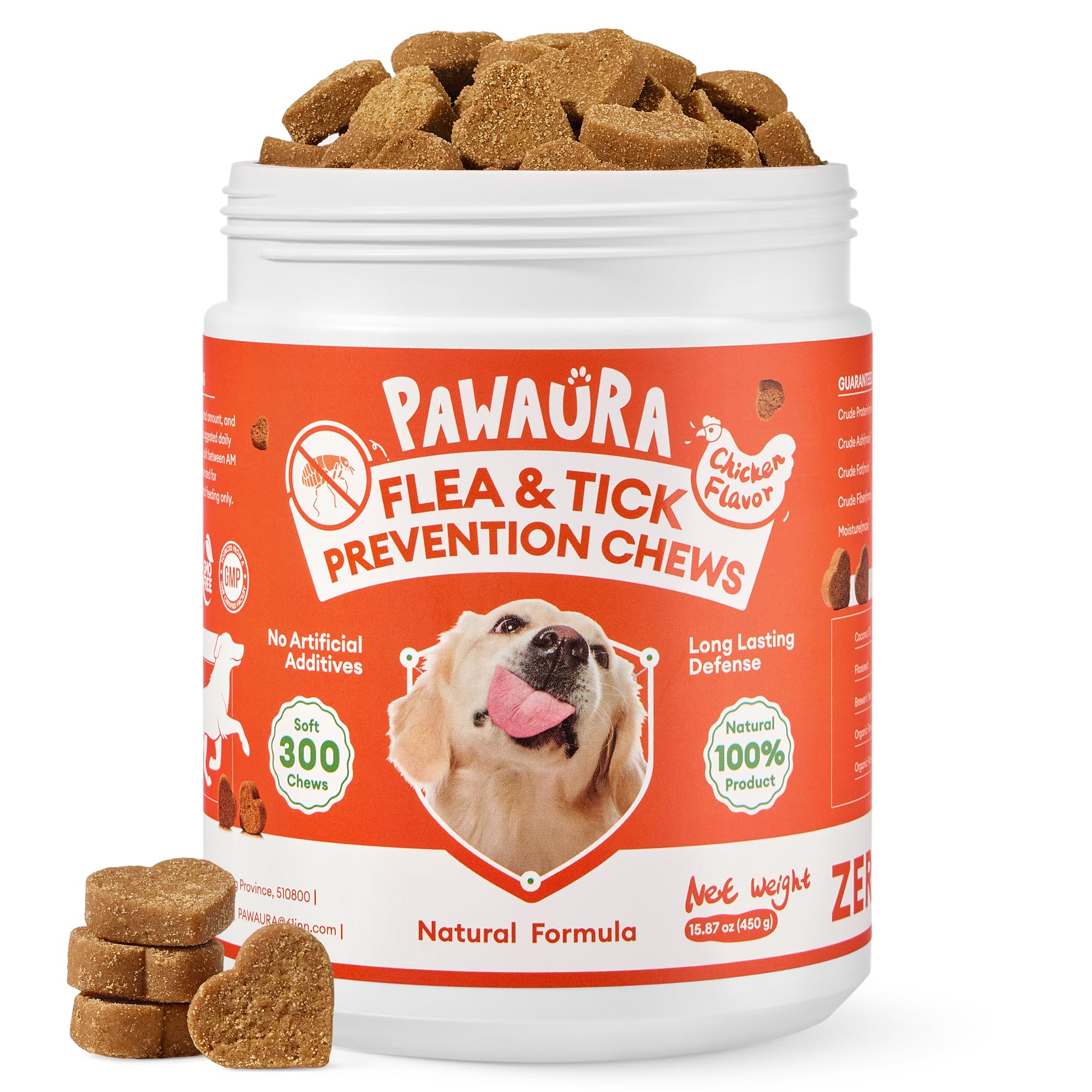 Pawaura Flea & Tick Prevention Chews bottle for daily natural protection.