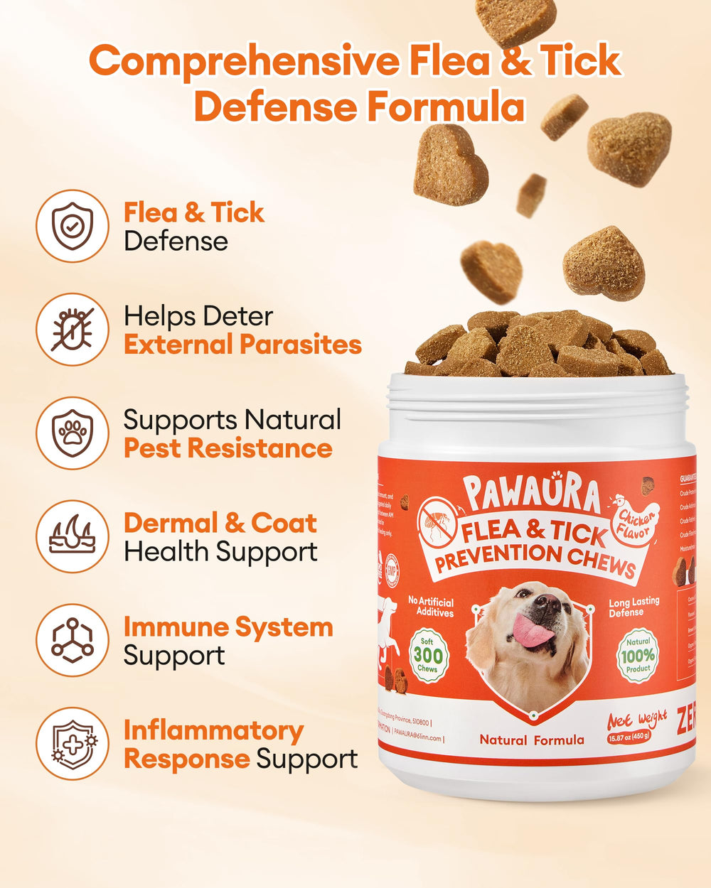 Active dog with Pawaura chews illustrating pest defense.