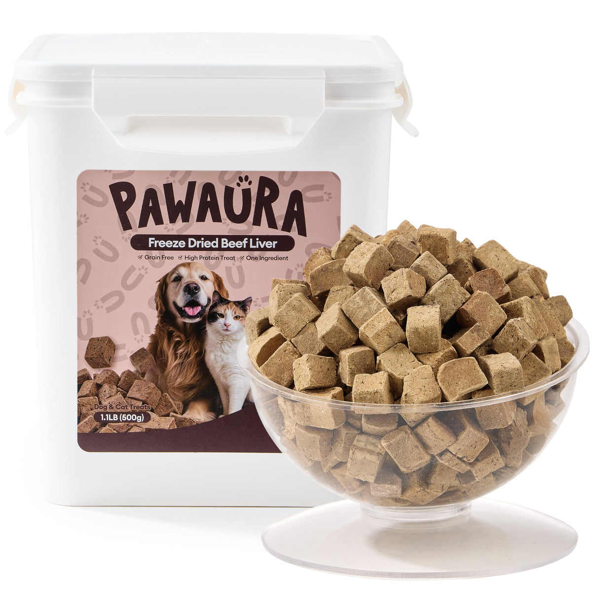 Pawaura freeze-dried beef liver treat tub, convenient rewards for pets