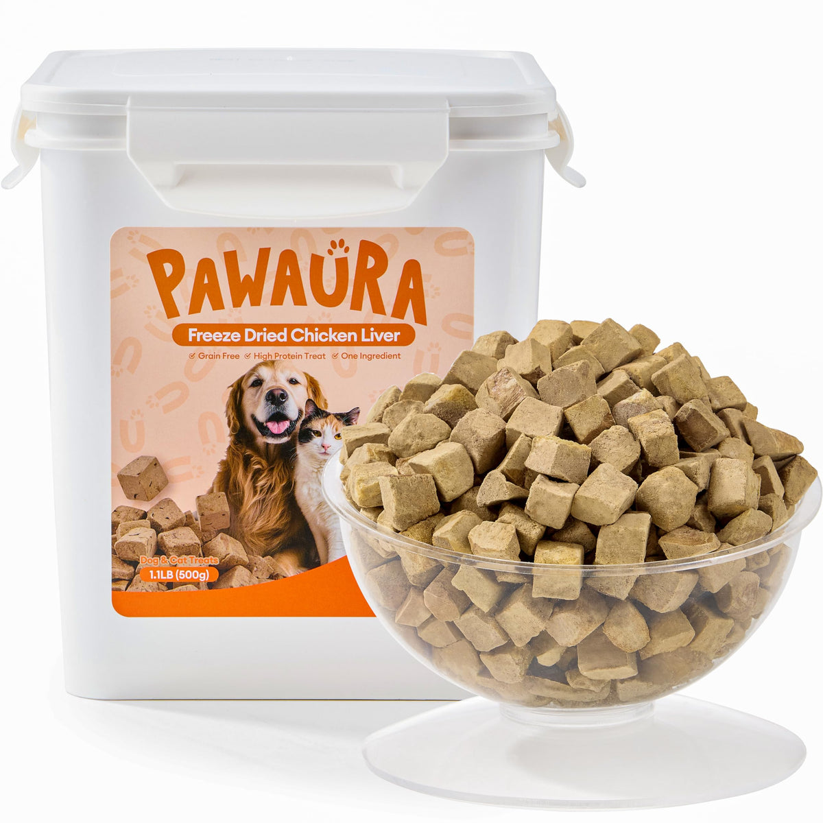 Pawaura freeze-dried chicken liver treats in a value tub for dogs and cats; high-protein training reward.