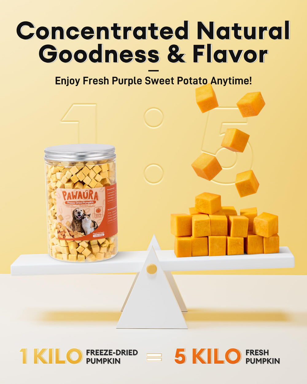Low-calorie rewards: Pawaura pumpkin treats for training sessions.