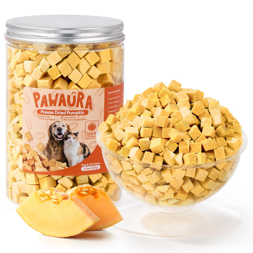 Pawaura pumpkin treats for dogs and cats—organic single-ingredient snack with natural fiber.
