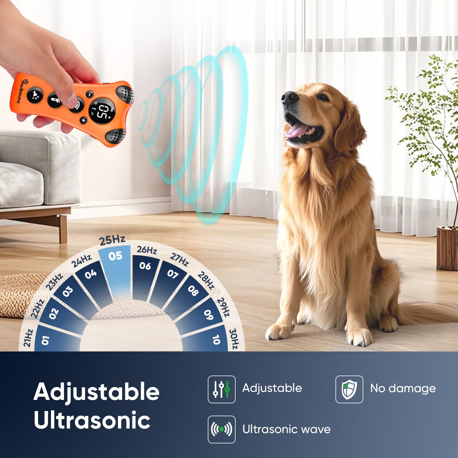 PawBehave device with 10-level frequency knob for breed-specific training.