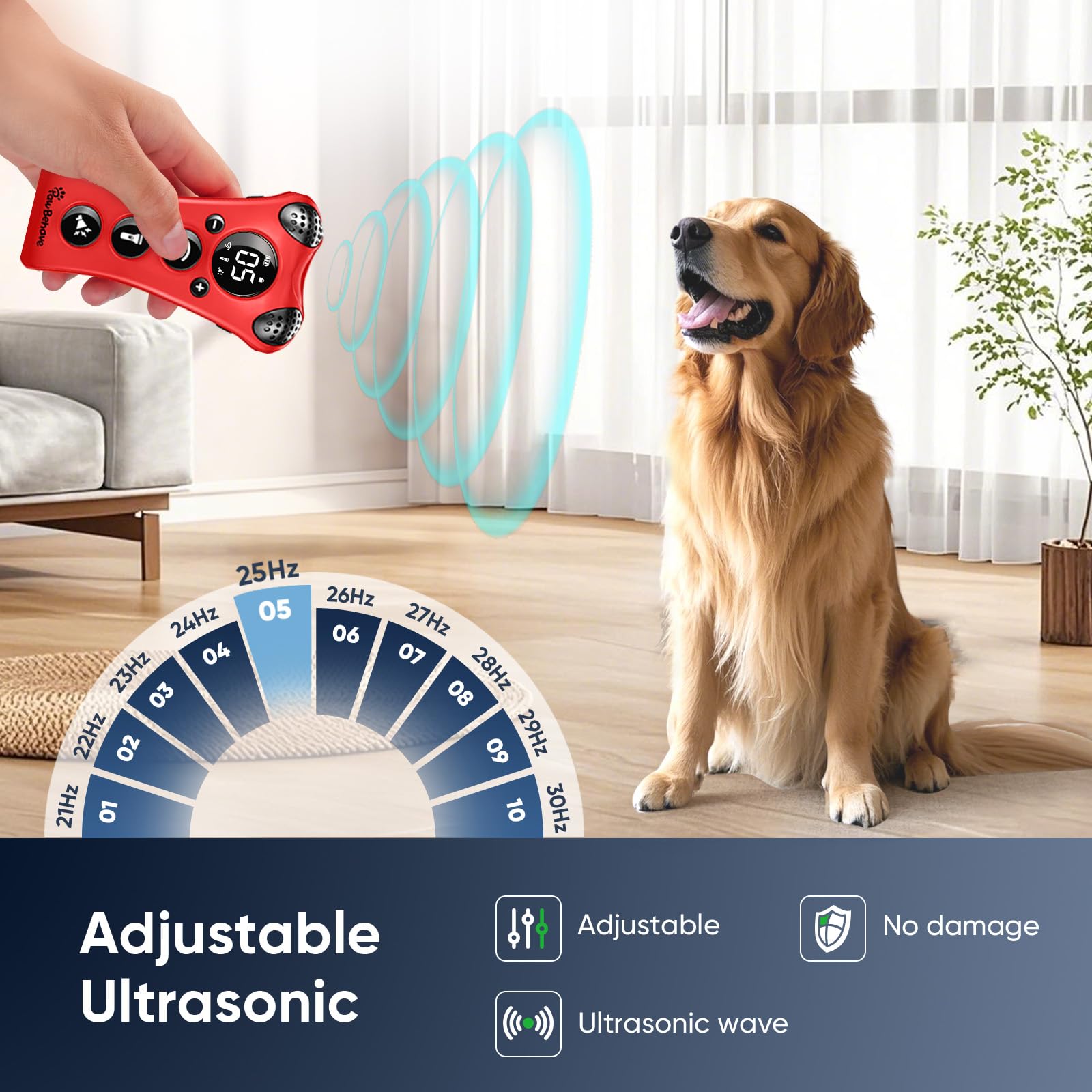 PawBehave ultrasonic deterrent side panel showing controls for easy adjustment