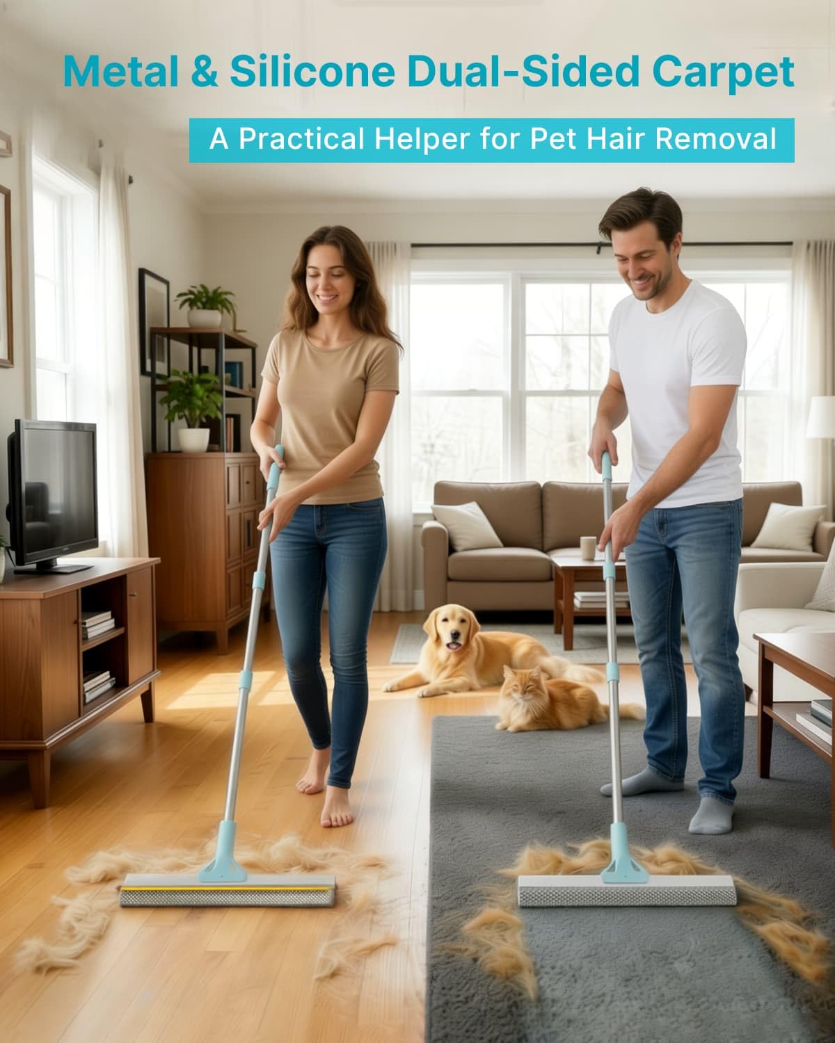 Pawbena Carpet Rake 54-inch handle reaches under furniture for quick cleaning.