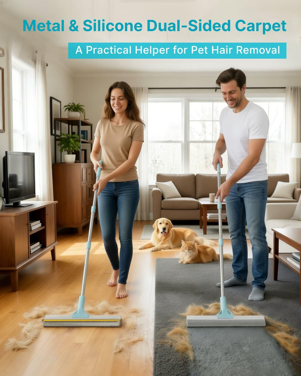 Pawbena Carpet Rake 54-inch handle reaches under furniture for quick cleaning.