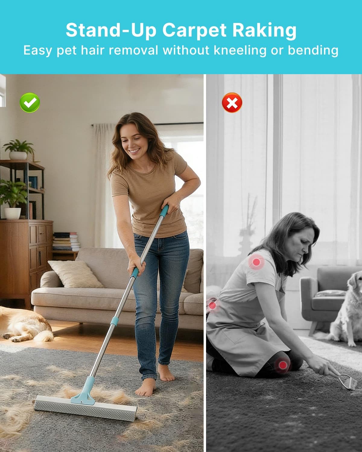 Pawbena Carpet Rake wide head covers more area for faster floor cleaning.
