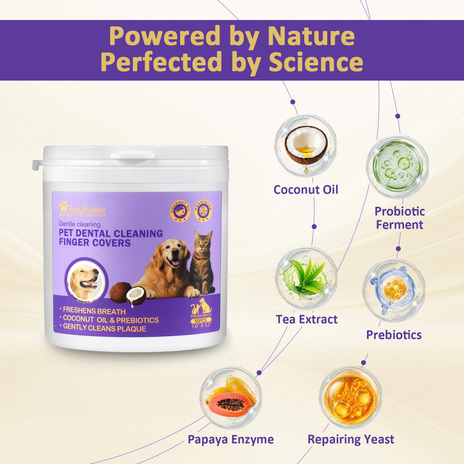 PawBubble natural ingredients including coconut oil and tea extract.