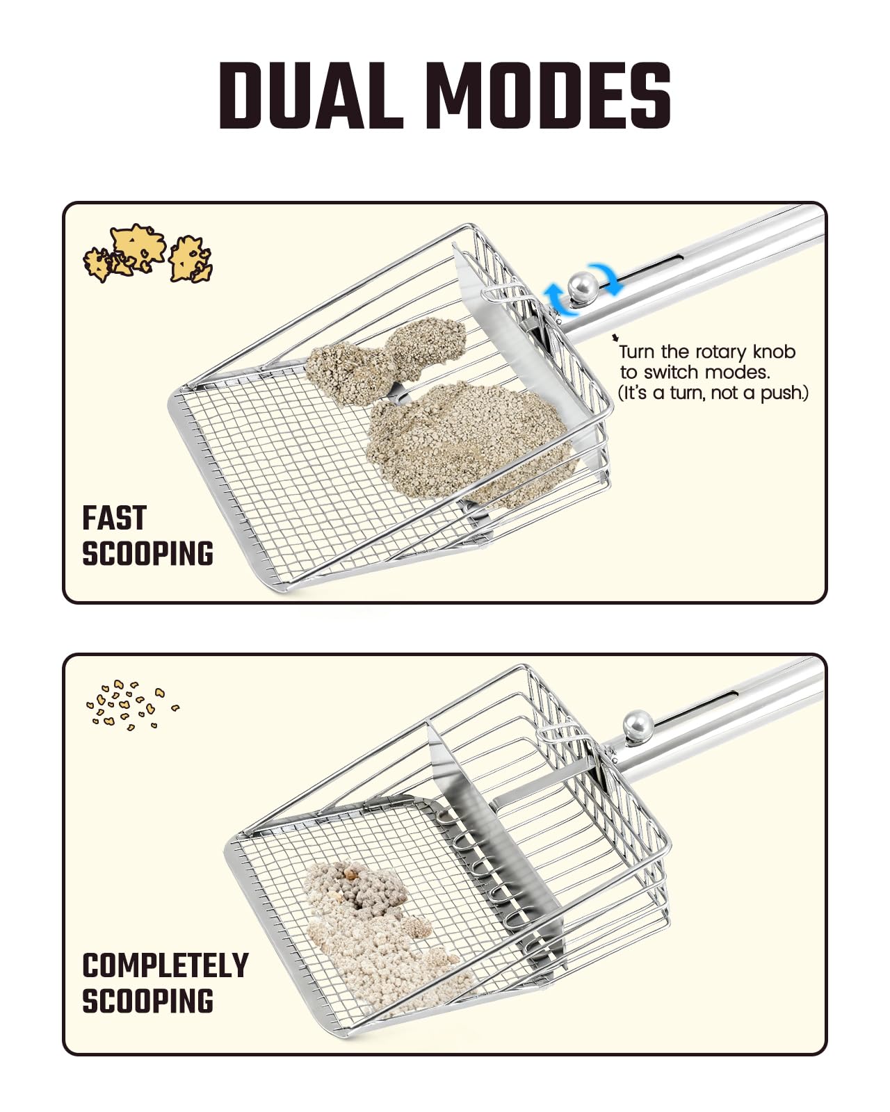 Pawccoli dual-mode litter scoop offering fast clump removal and precise cleaning.