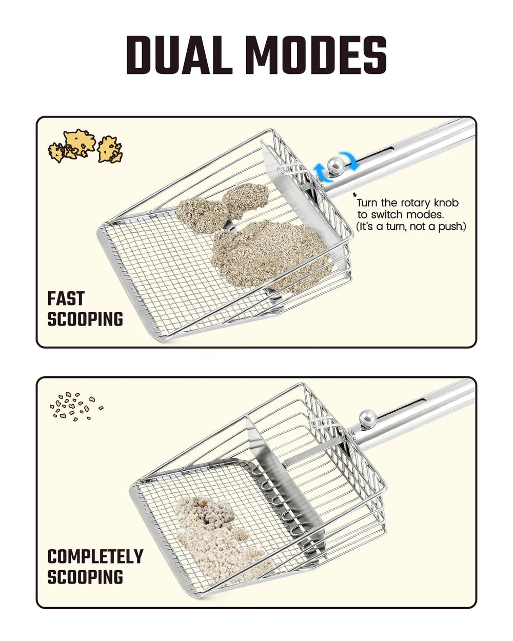 Pawccoli dual-mode litter scoop offering fast clump removal and precise cleaning.