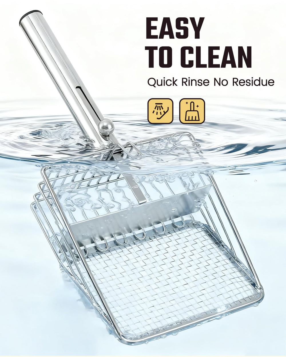 Pawccoli easy-clean stainless steel scoop rinses clean after use.