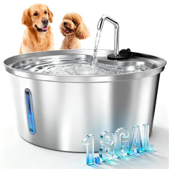 Pawccoli stainless steel water fountain with deep drinking area for large dogs and multiple pets.