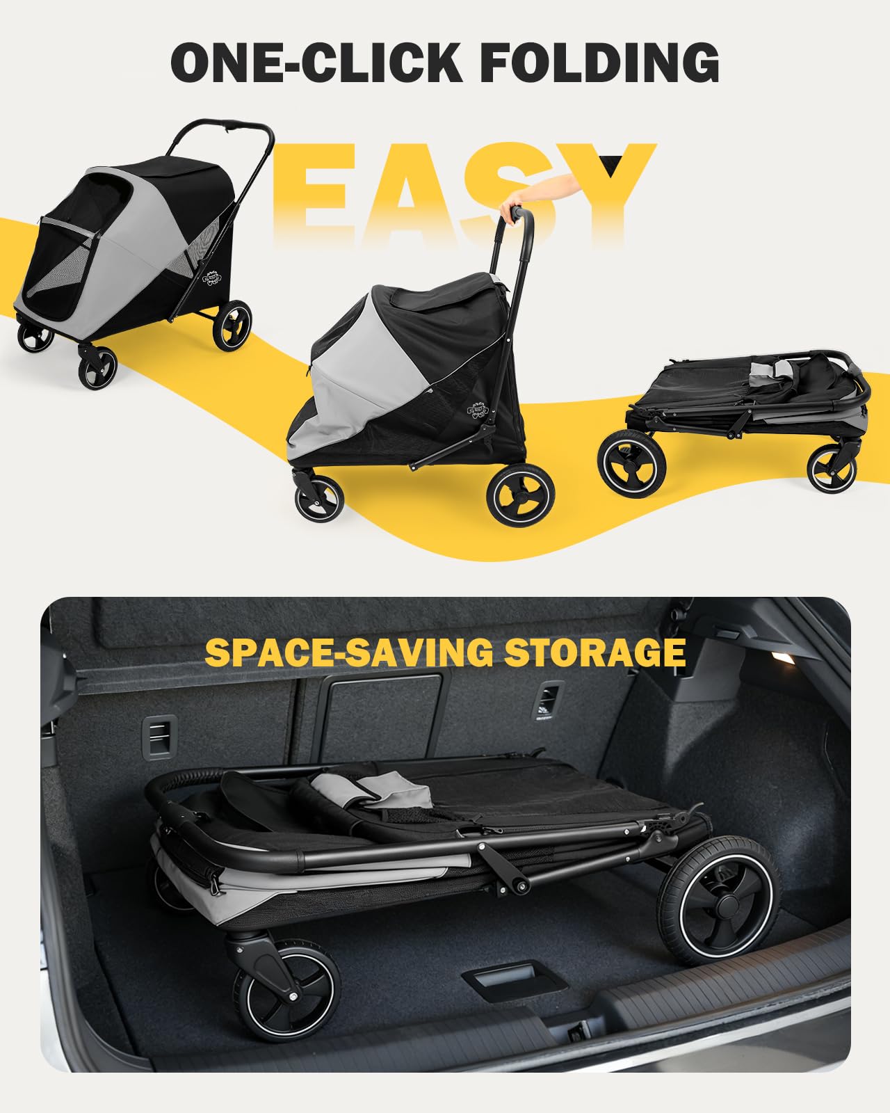 Pawccoli dog stroller extra-large rear wheels enhance stability over bumps.
