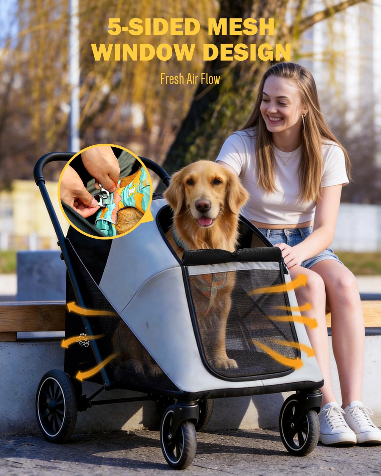 Pawccoli dog stroller storage pocket keeps toys and snacks within reach.