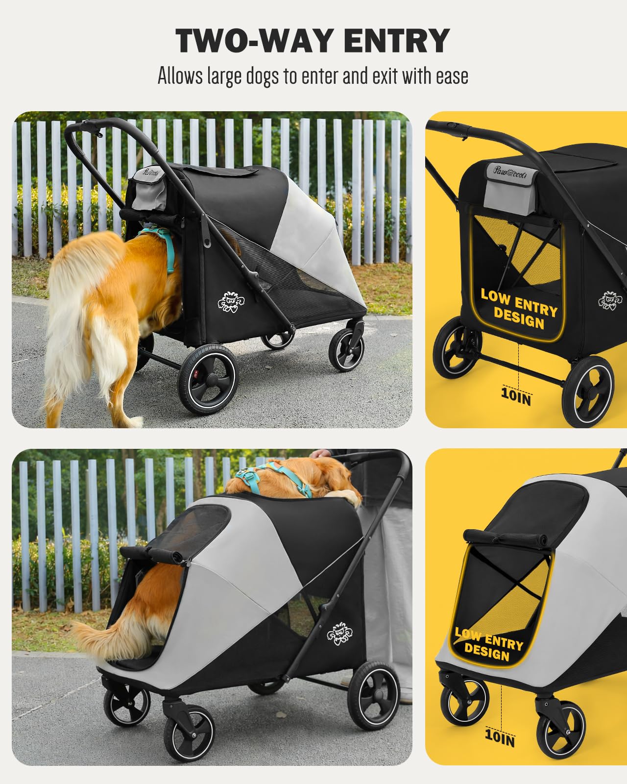 Pawccoli dog stroller top mesh canopy provides ventilation and visibility for pets.