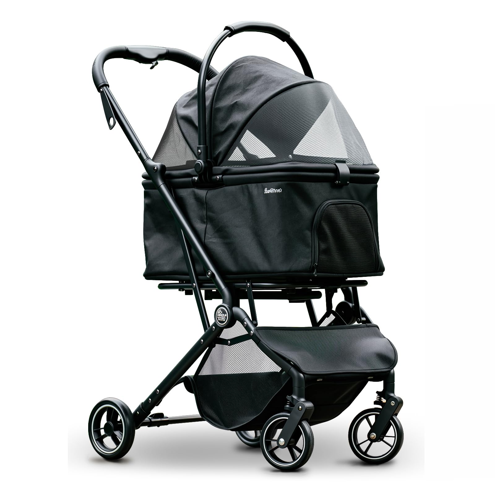 Pawccoli four-wheels stroller fold, easy one-handed collapse for travel