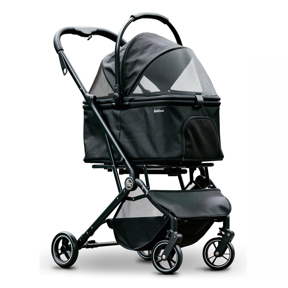 Pawccoli four-wheels stroller fold, easy one-handed collapse for travel