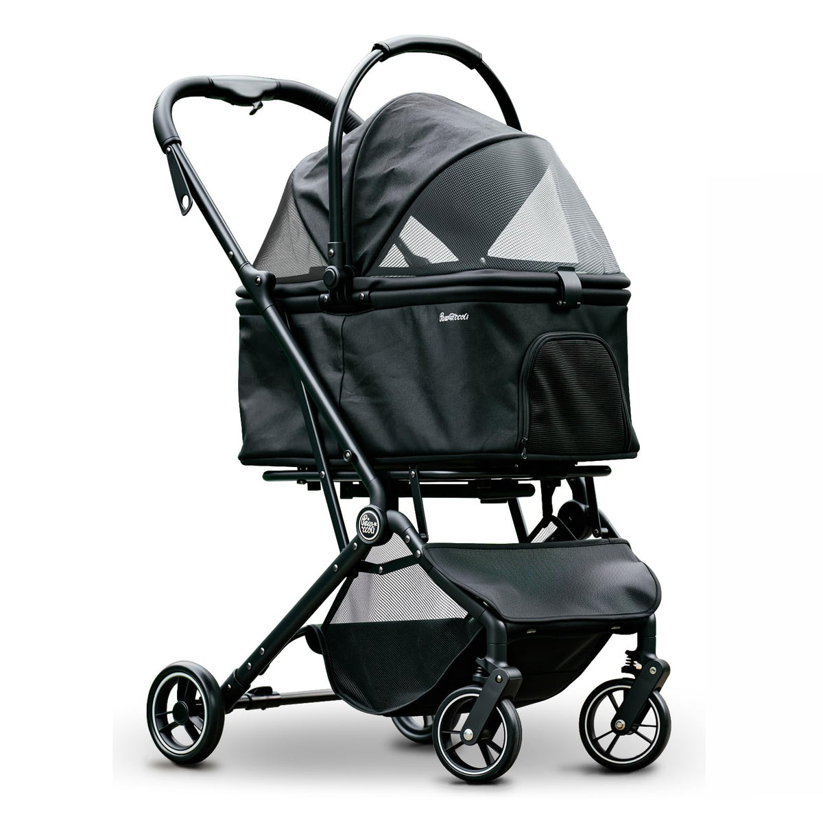 Pawccoli four-wheels stroller fold, easy one-handed collapse for travel