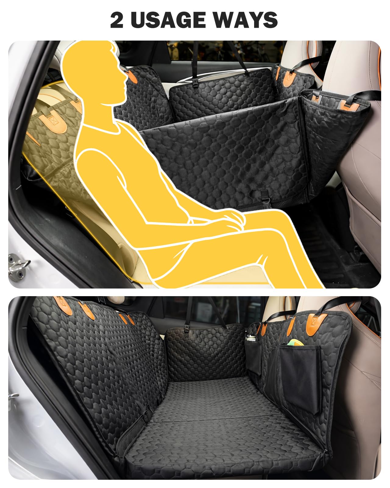 Pawccoli cover designed to protect two seats while a dog sits nearby