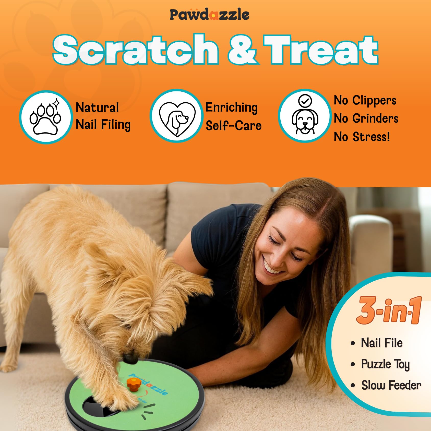 Pawdazzle dog nail scratch board with treat box rewards during care.