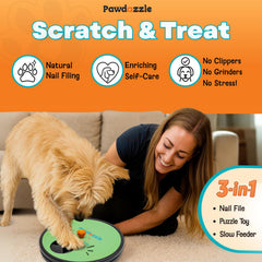 Pawdazzle dog nail scratch board with treat box rewards during care.