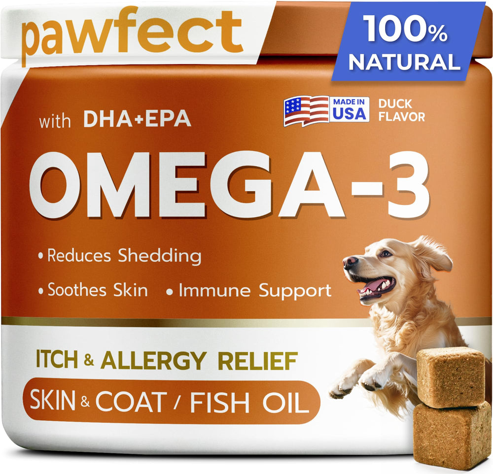 PAWFECTCHEW fish oil dog chews bottle for healthy skin and shiny coat.