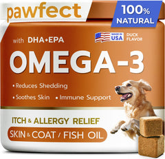 PAWFECTCHEW fish oil dog chews bottle for healthy skin and shiny coat.