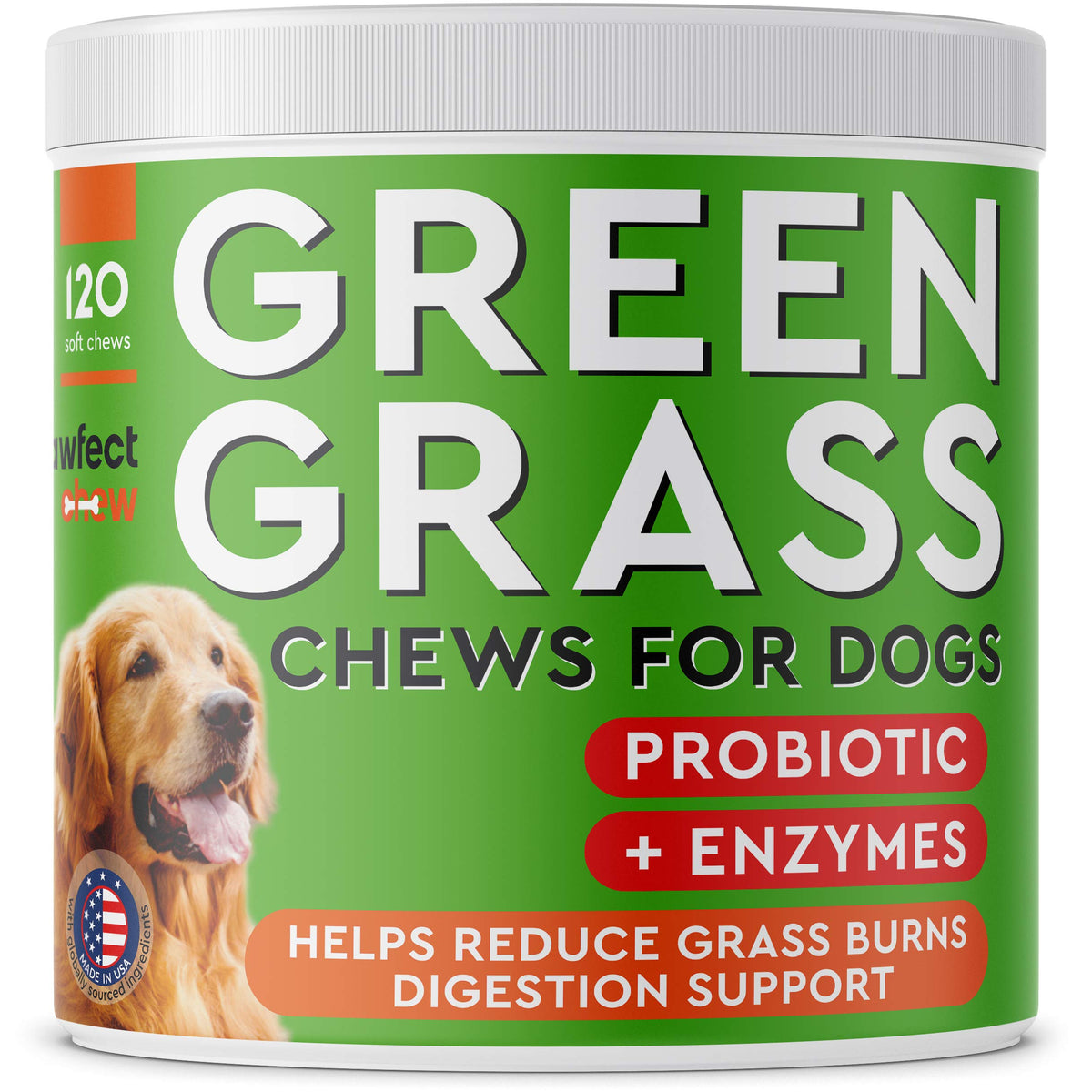 PAWFECTCHEW bottle of green grass chews supports a healthier lawn and fewer urine spots