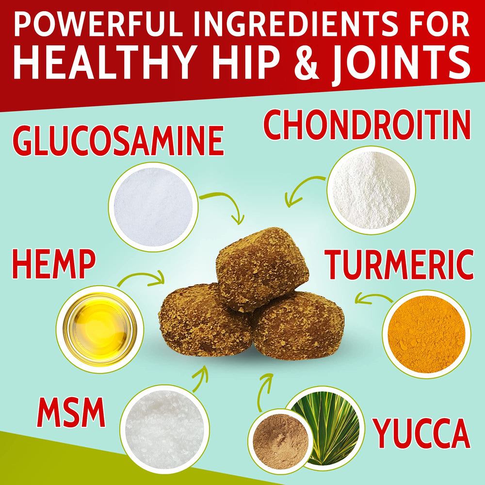 PawfectChew ingredients panel emphasizes glucosamine, chondroitin, turmeric, and hemp.