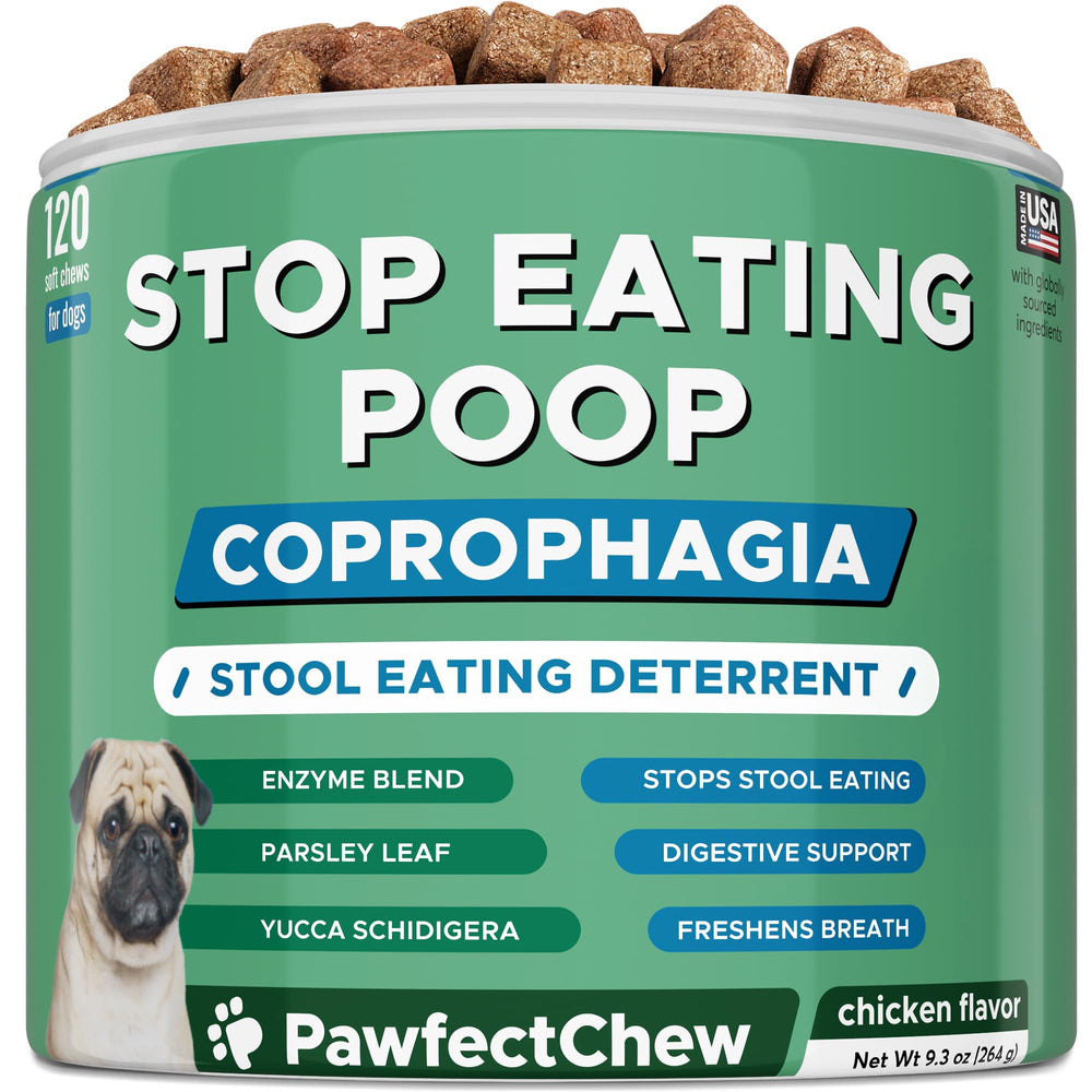 PAWFECTCHEW No Poo Chews bottle with label promotes easy deterrence and digestive support.