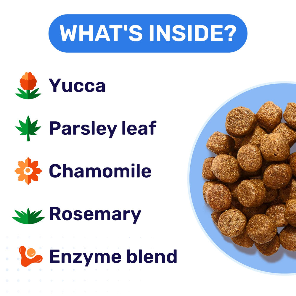 PAWFECTCHEW No Poo Chews probiotic-enzyme blend depicted for gut support and nutrient absorption.