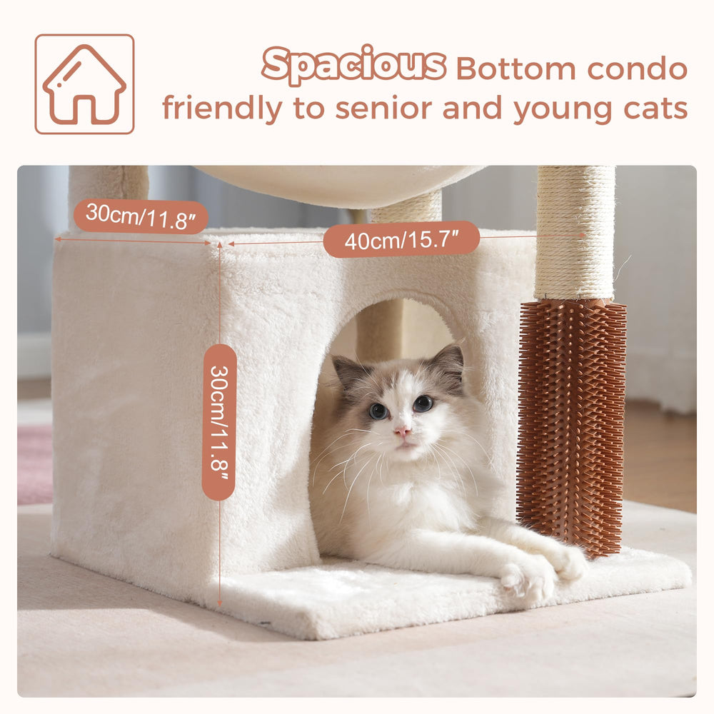 Pawfessor cat tree 32in beige self groomer helps collect loose fur during lounging.