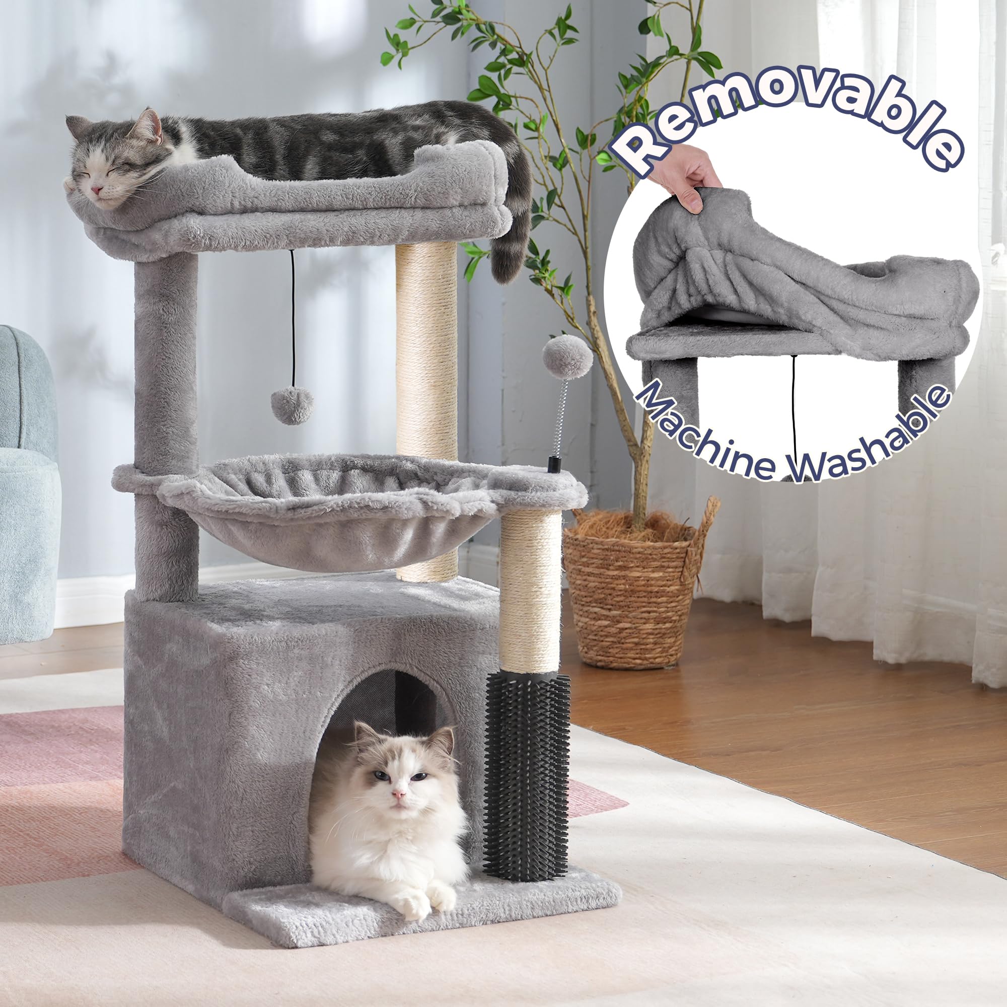 Pawfessor cat tree self groomer: convenient fur grooming and hair collection.