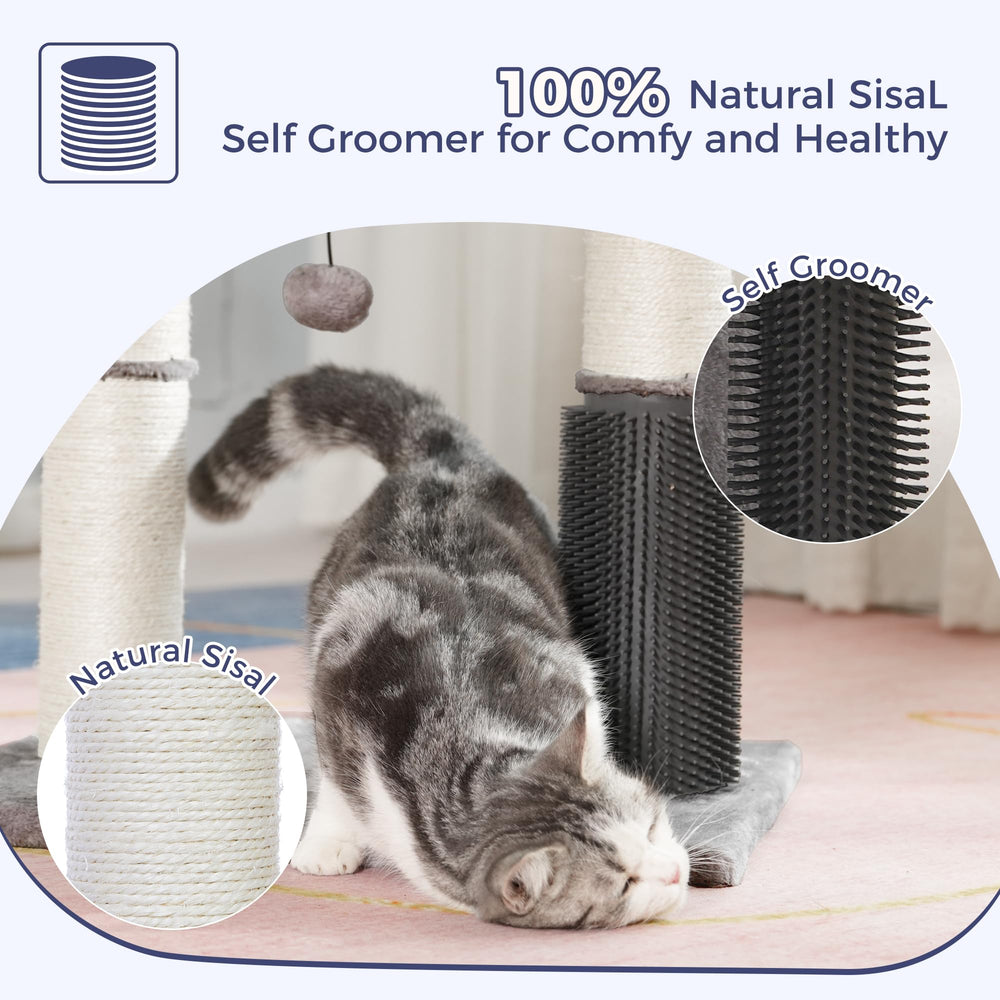 Pawfessor cat tree tower pompom ball adds playful interaction for indoor cats.