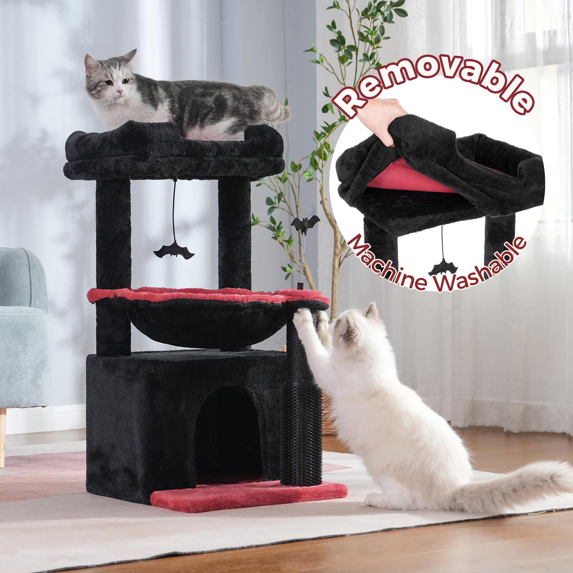 Pawfessor Gothic Cat Tree removable top perch promotes elevated supervision and window watching.