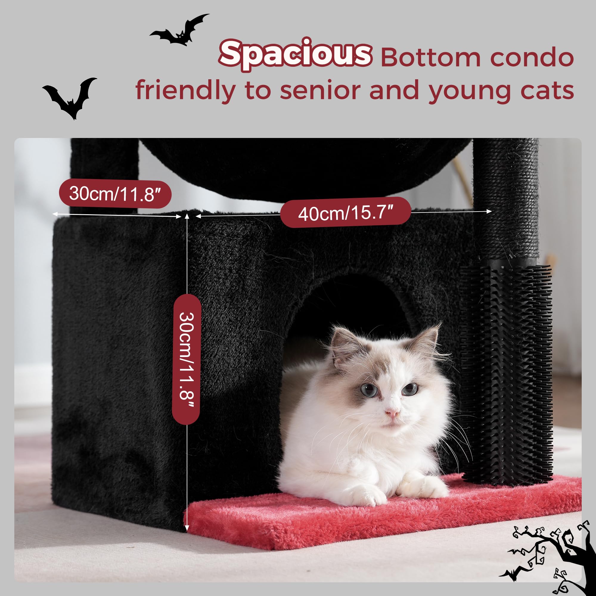 Pawfessor Gothic Cat Tree self-groomer concentrates fur removal and facial rubbing for grooming moments.