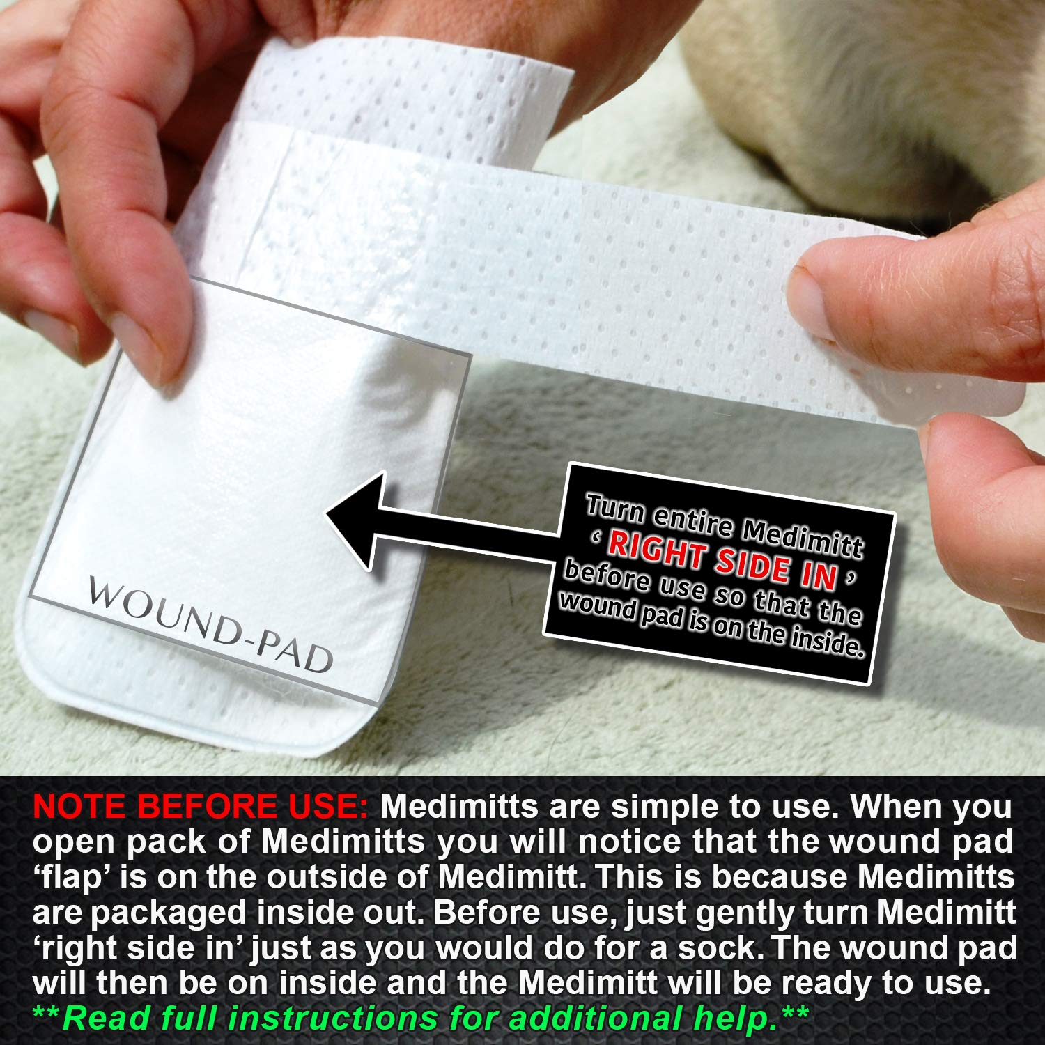 PawFlex Medimitt breathable bandage with no adhesive protects paw.