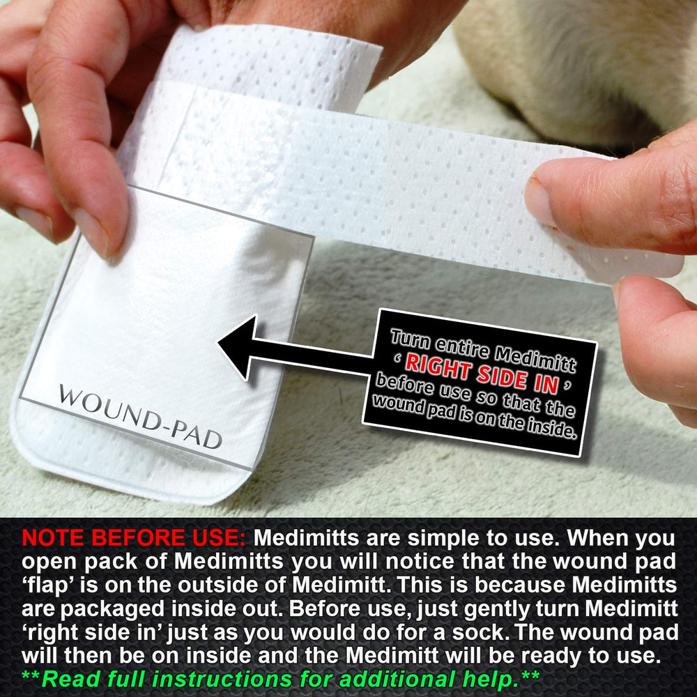 PawFlex Medimitt breathable bandage with no adhesive protects paw.