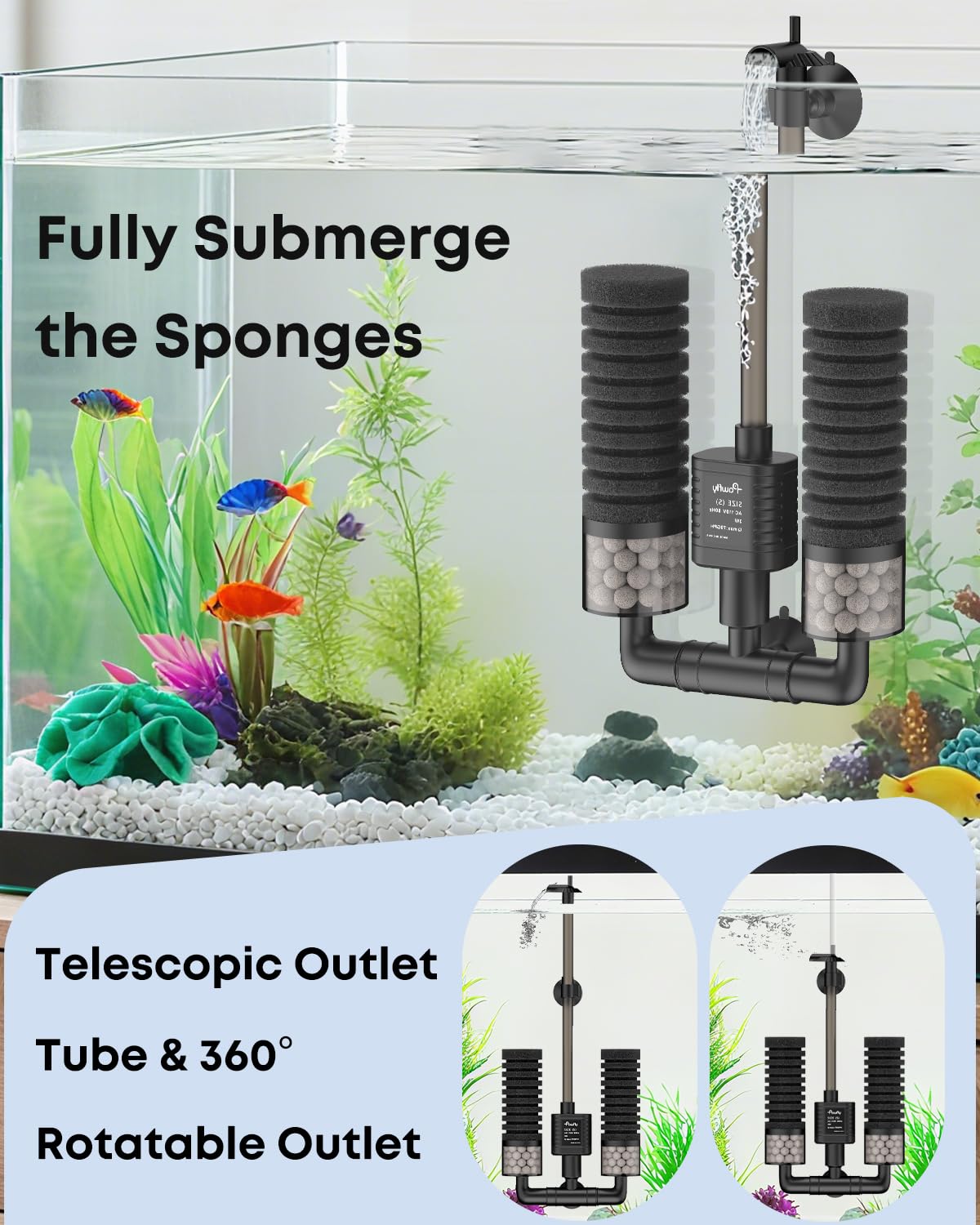Pawfly filter suitable for 10-40 gallon tanks, no extra air pump needed.