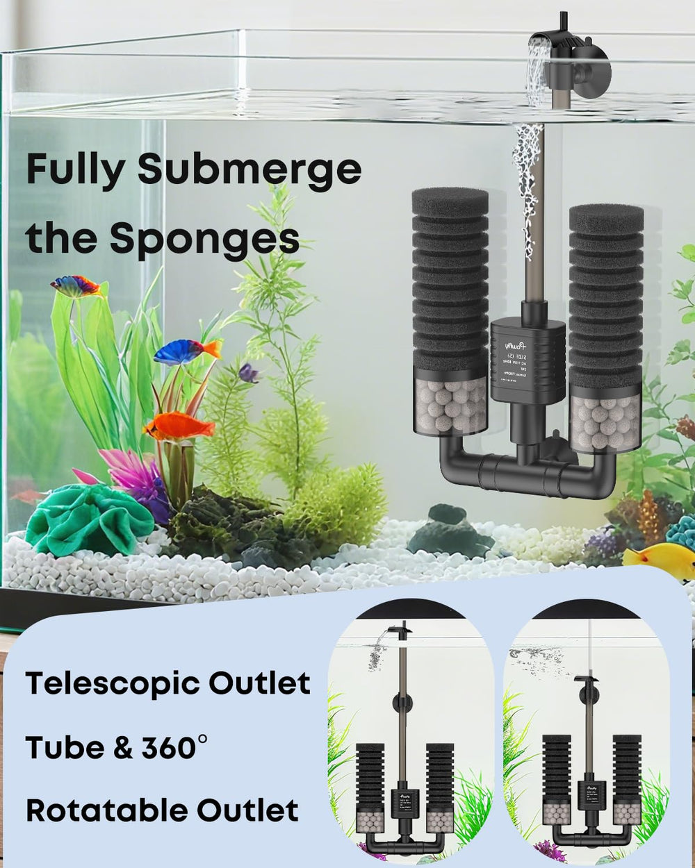 Pawfly filter suitable for 10-40 gallon tanks, no extra air pump needed.