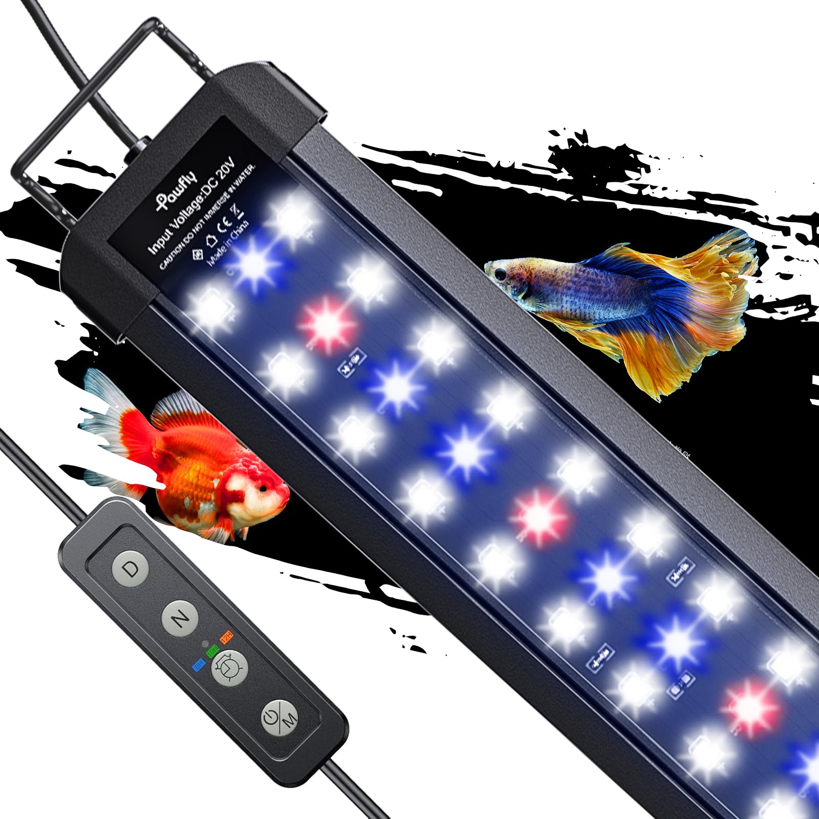 Pawfly 14W aquarium light with extendable bracket fits 18–24 inch tanks securely.