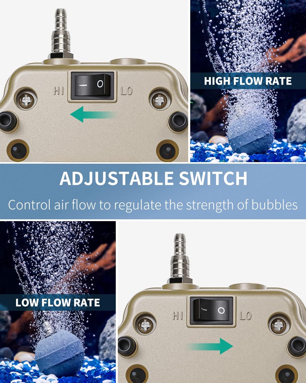 Pawfly 254GPH air pump bottom switch for adjustable air flow
