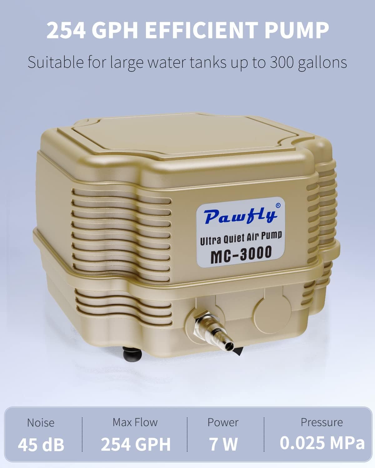 Pawfly 254GPH air pump side view highlighting compact form and steady airflow