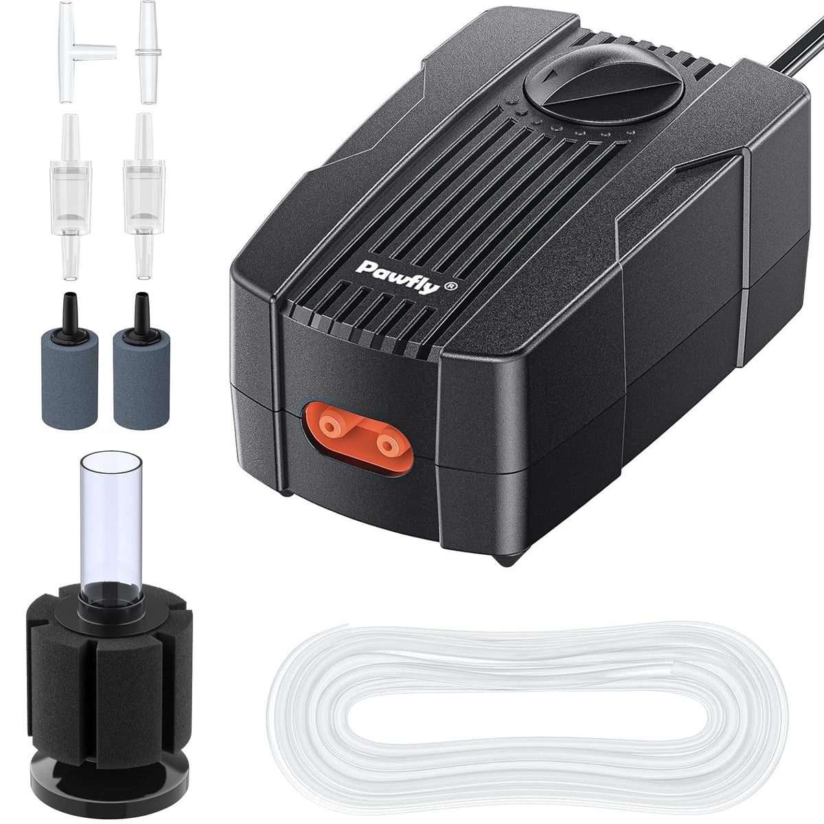 Pawfly 50 GPH air pump front view, compact for 10-60 gallon tanks.