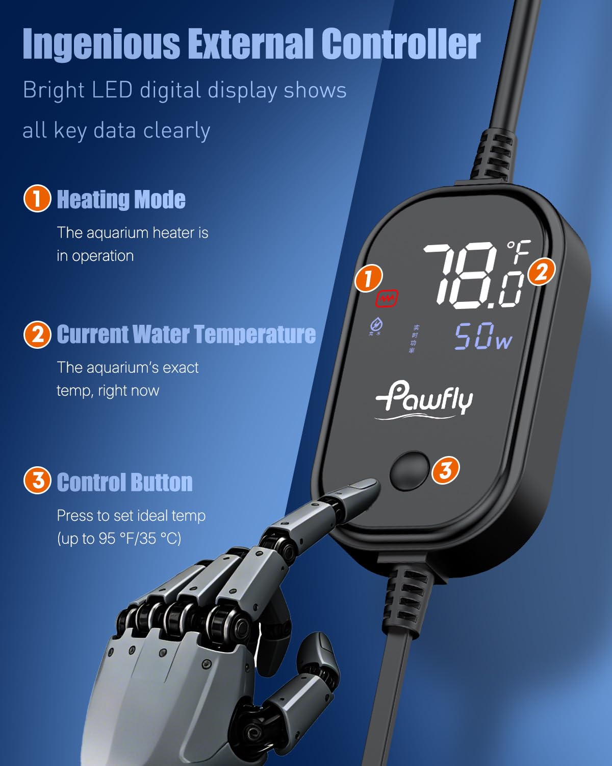 Pawfly external controller showing real-time temperature and status indicators.