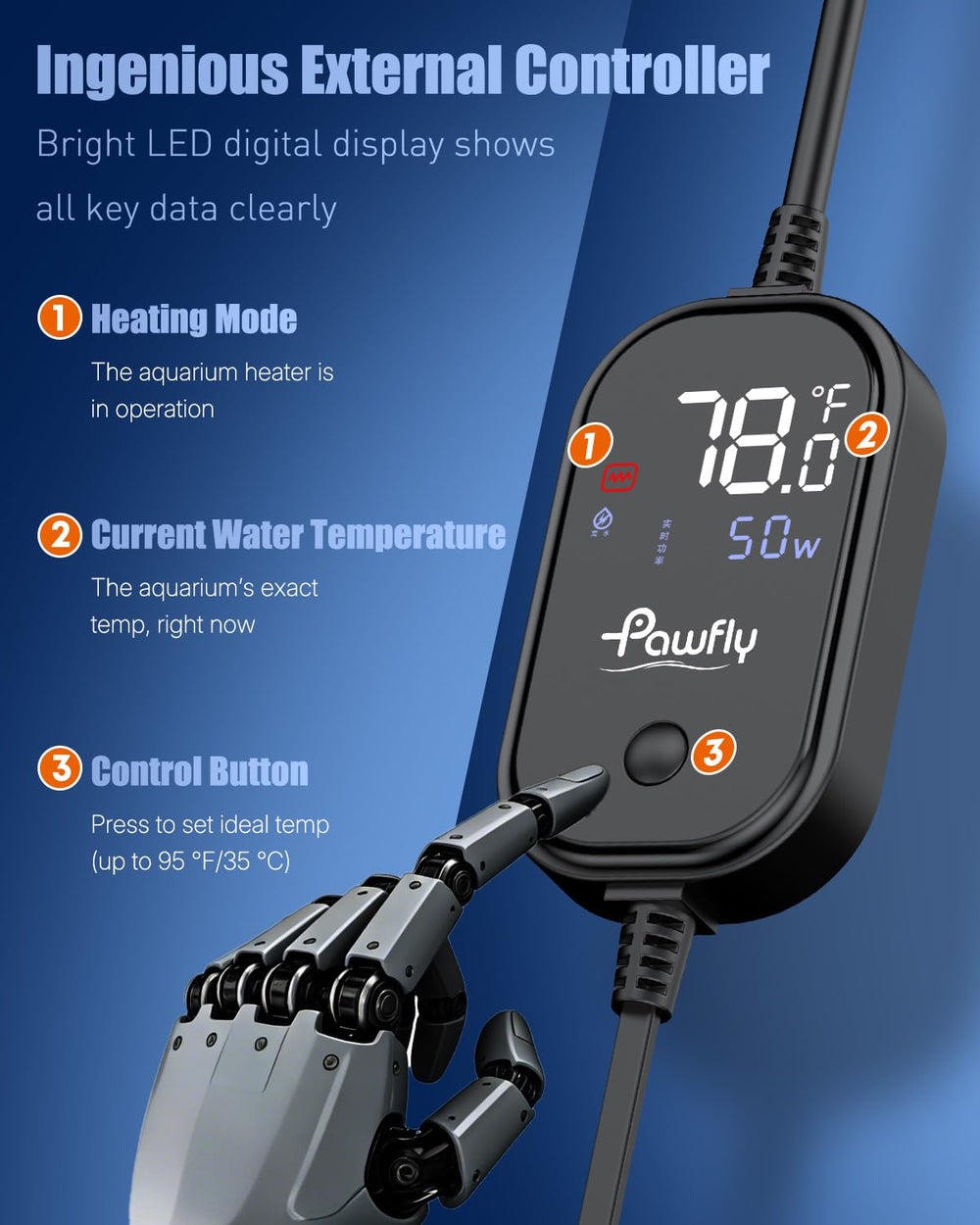 Pawfly external controller showing real-time temperature and status indicators.