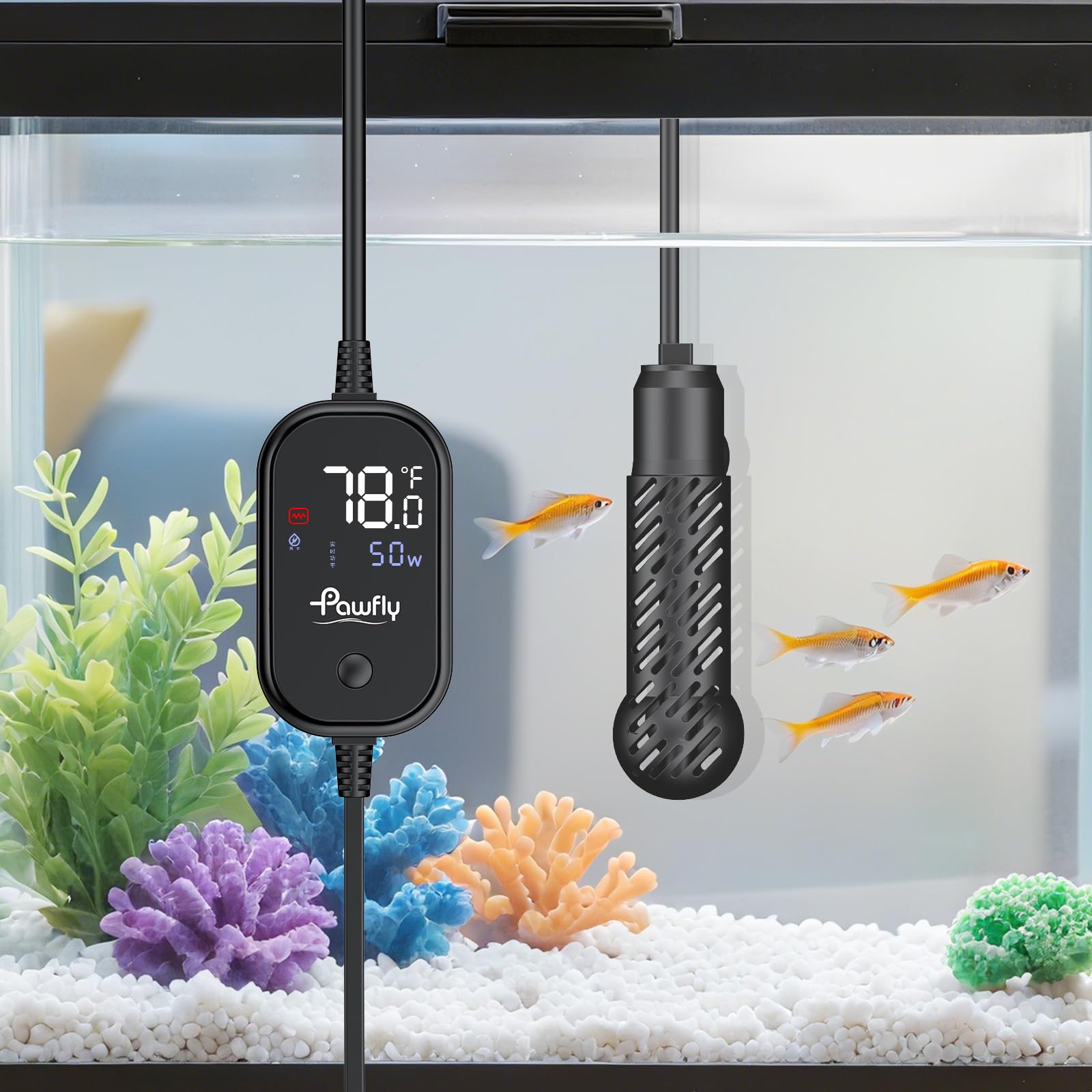 Pawfly 50W submersible heater front view with digital display for small aquariums.
