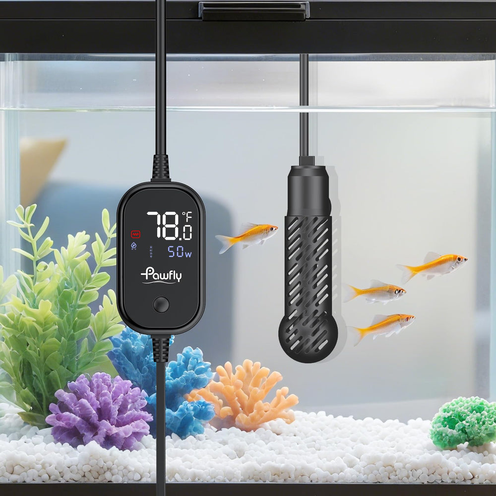 Pawfly 50W submersible heater front view with digital display for small aquariums.